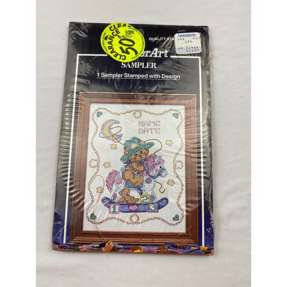 Vintage WonderArt Cowboy Bear Stamped Sampler Kit 11x14 Nursery Birth Record